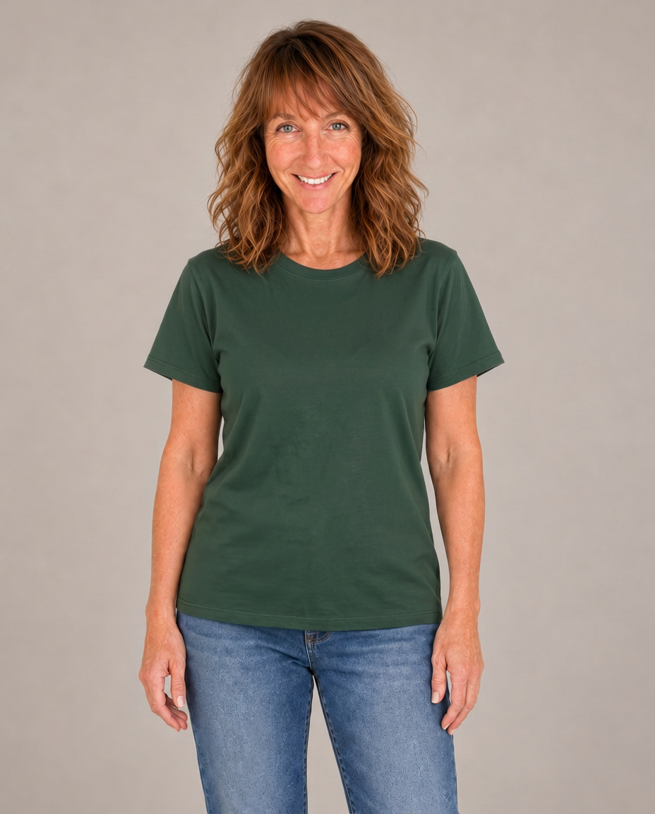 AI-generated portrait of Nikki wearing a plain mountain-pine shirt with no lettering